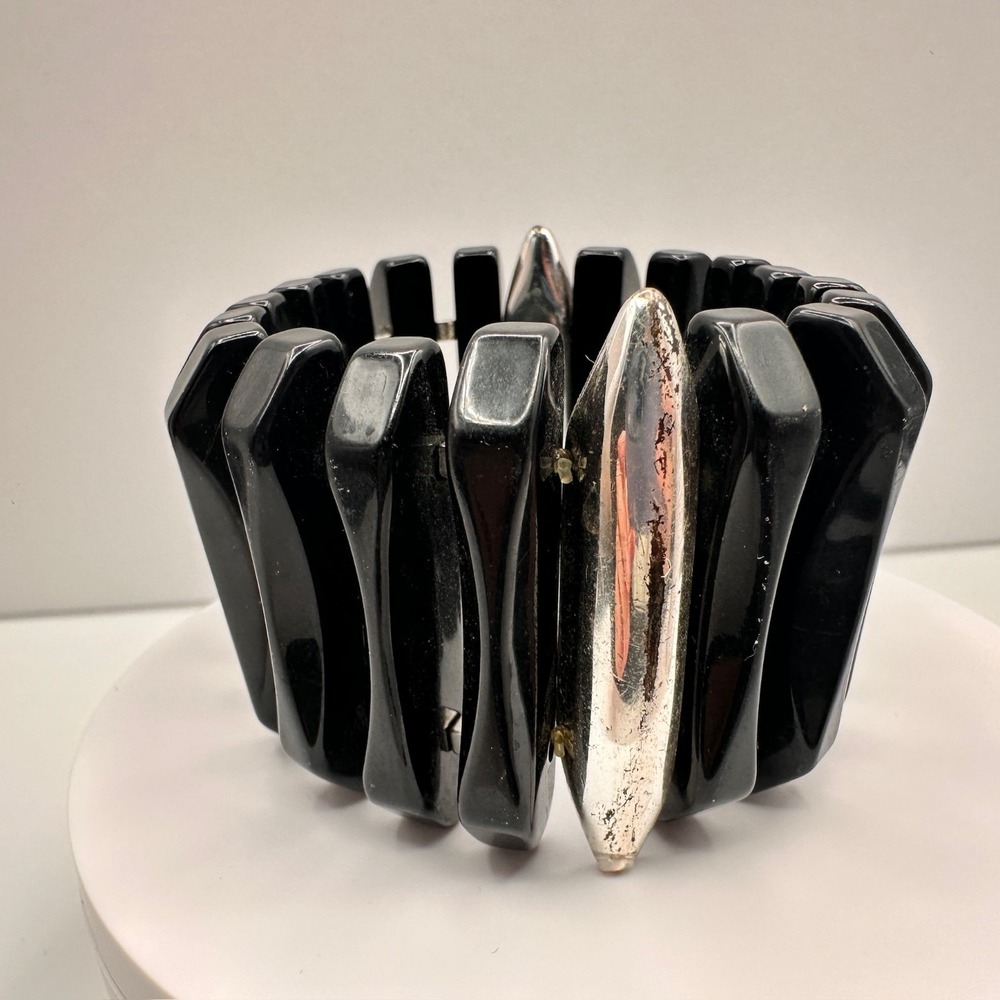 Vintage 80s 90s Black Beaded Stretch Bracelet Silver Tone Spacer Chunky Jewelry